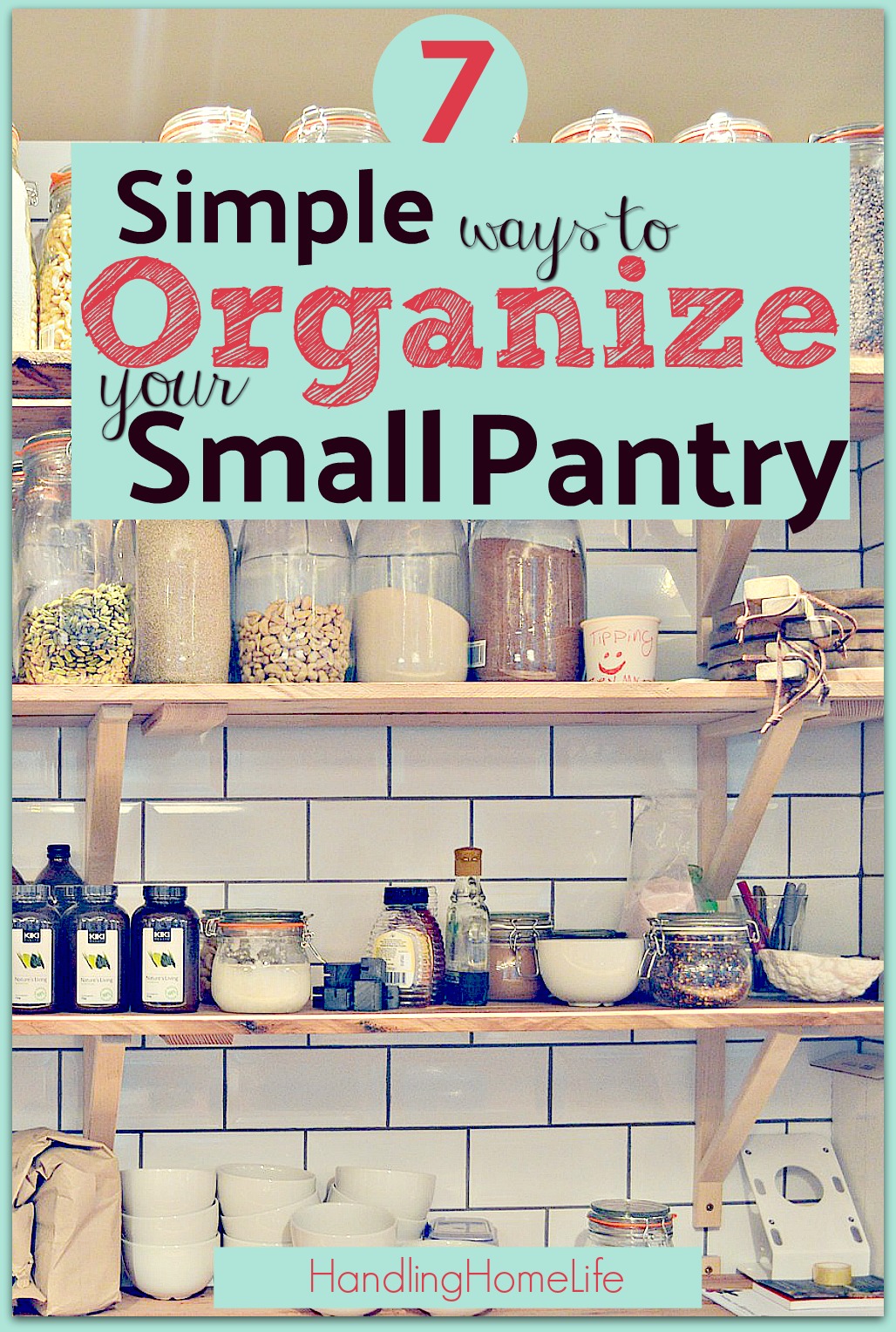 kitchen food shelves with canisters of various foods organize small pantry