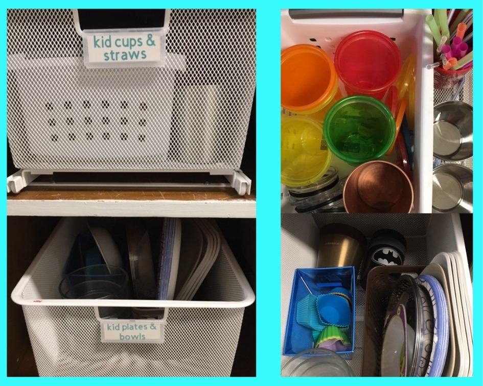 How to organize the kitchen: make a kid's cabinet--picture of organized kids' dishes