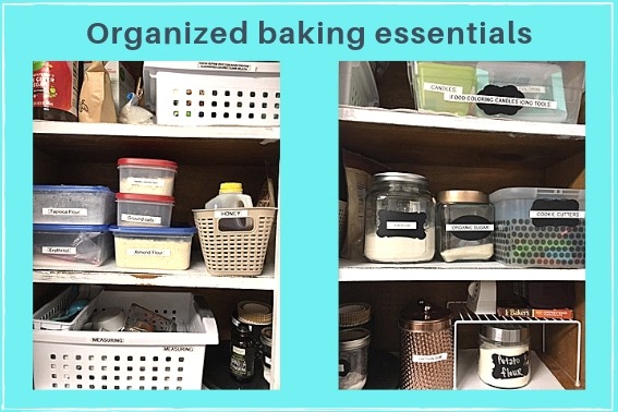 baking essentials labeled and organized in a kitchen cabinet