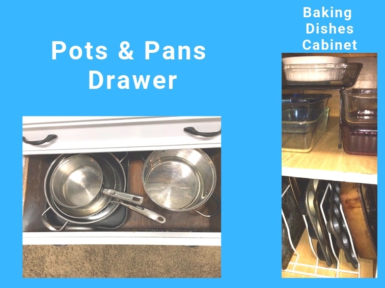 organized pots and pans in kitchen drawer 