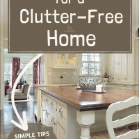 cream kitchen island with dark brown counter: text reads 5 expert tips for a clutter free home