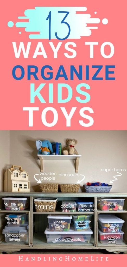 shelf with kids toys organized in baskets and tubs with labels