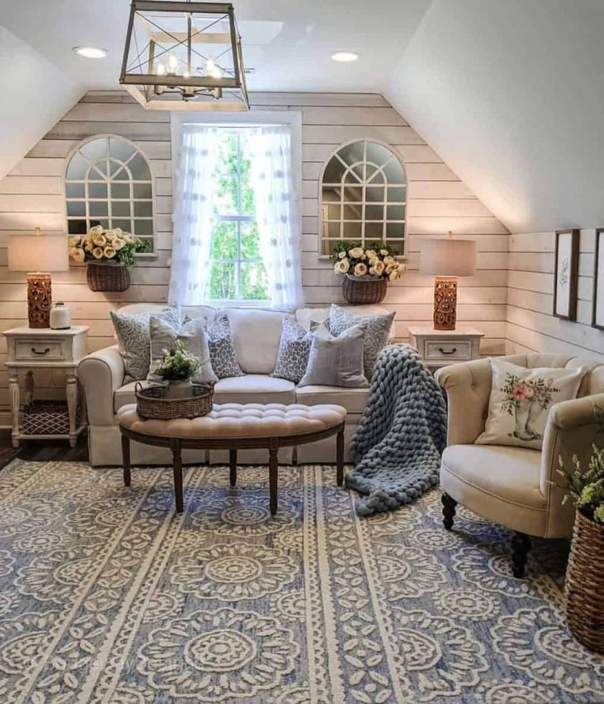 modern farmhouse living room decor with chunky knit throw
