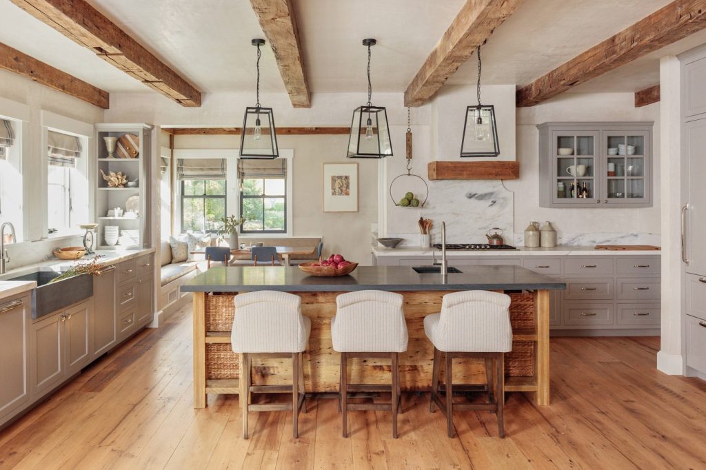 Farmhouse with exposed ceiling support beams 